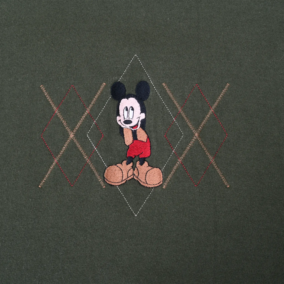 Close-up of Mickey Mouse embroidery with red, tan, and gray argyle detail