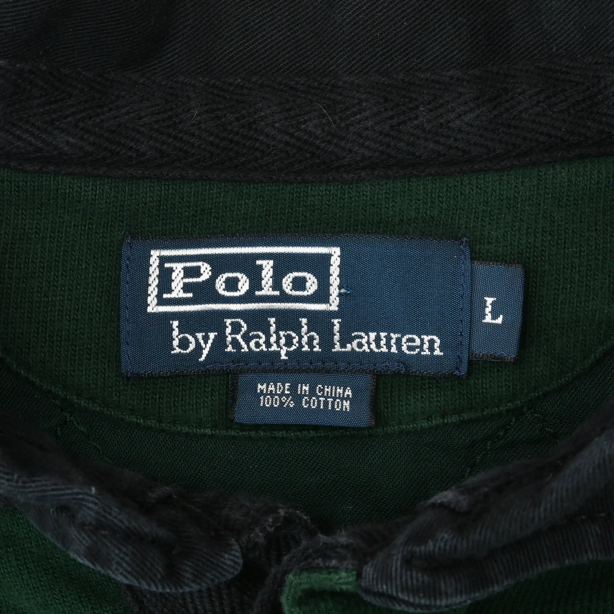 Polo by Ralph Lauren neck label with size L, Made in China, and 100% cotton text