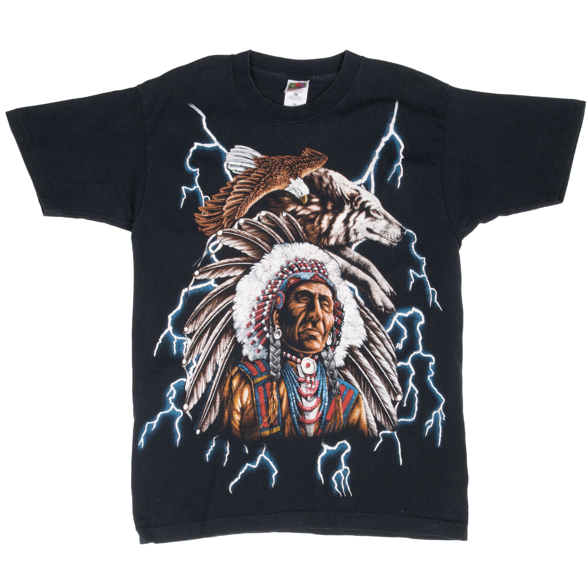 Vintage Animal Print Eagle Wolf Indian Chief Usa Thunder Tee Shirt 1990S Size Large With Single Stitch Sleeves