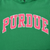 Close-up of red and white embroidered Purdue lettering on green hoodie chest