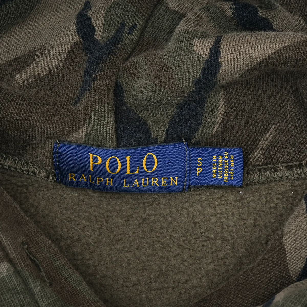 Polo Ralph Lauren neck label with small size tag inside camouflage hoodie