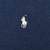 Close-up of white Polo pony embroidery on blue sweater fabric