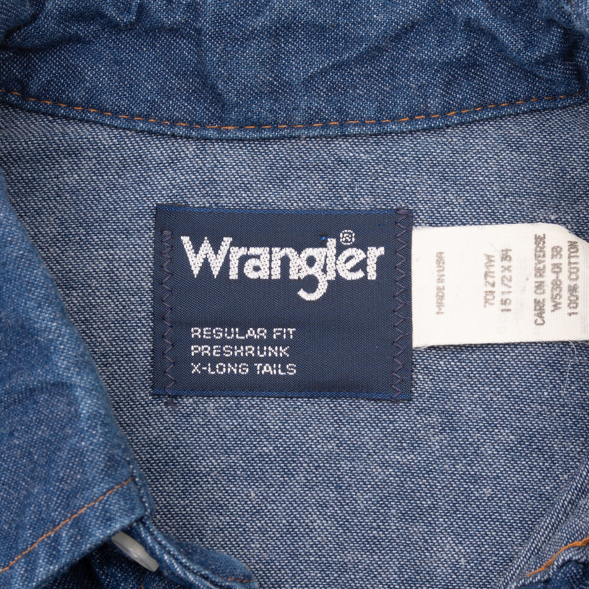 Vintage Wrangler Pearl Snap Button Blue Denim Shirt 1980S Size 15 1/2 X 34 Xlong Tail Made In Usa