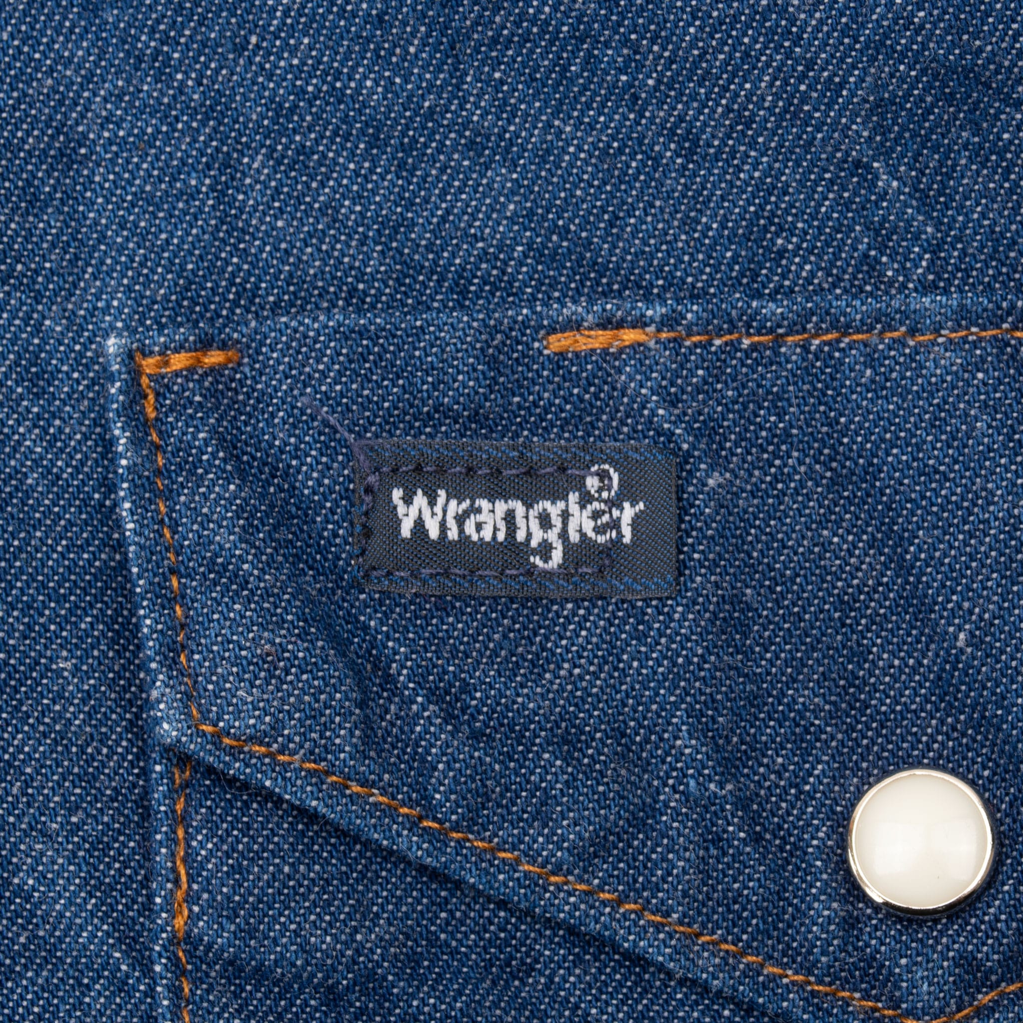 Vintage Wrangler Pearl Snap Button Blue Denim Shirt 1980S Size 15 1/2 X 34 Xlong Tail Made In Usa