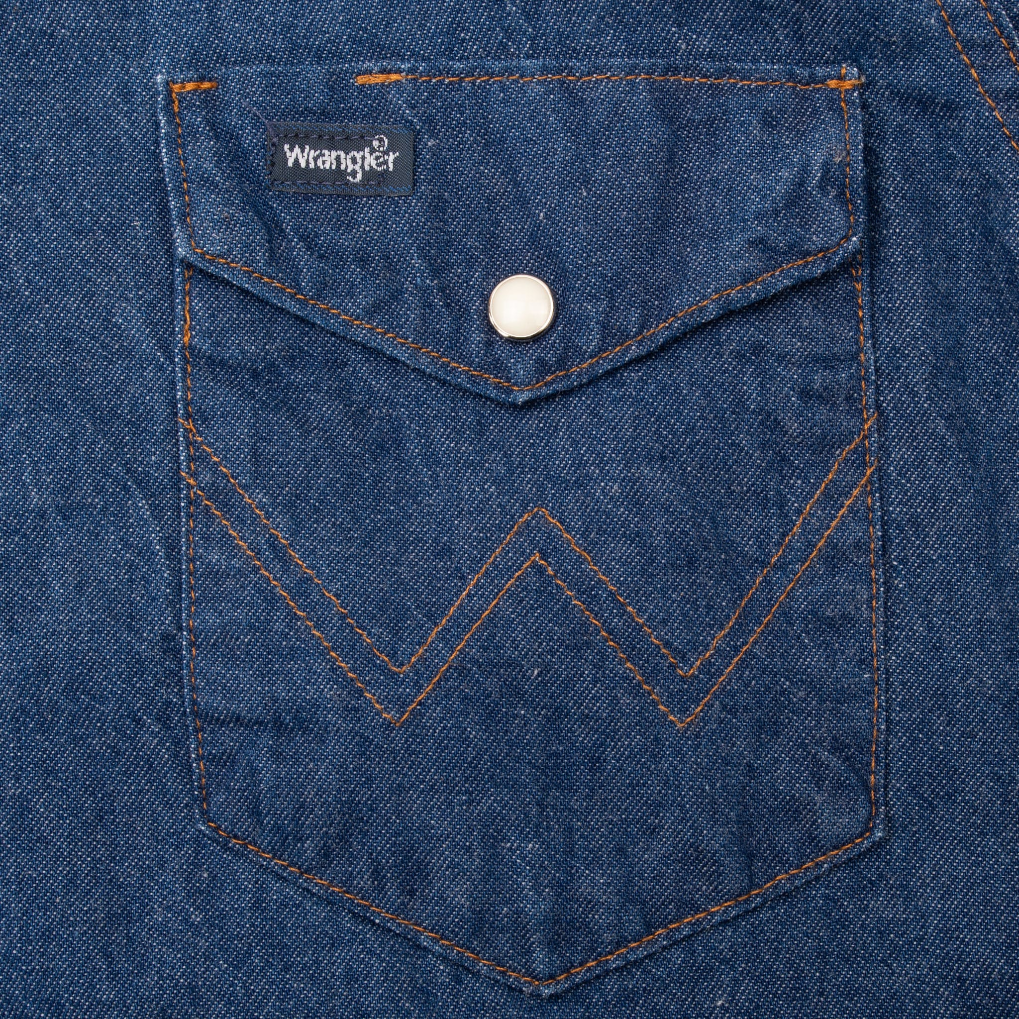 Vintage Wrangler Pearl Snap Button Blue Denim Shirt 1980S Size 15 1/2 X 34 Xlong Tail Made In Usa