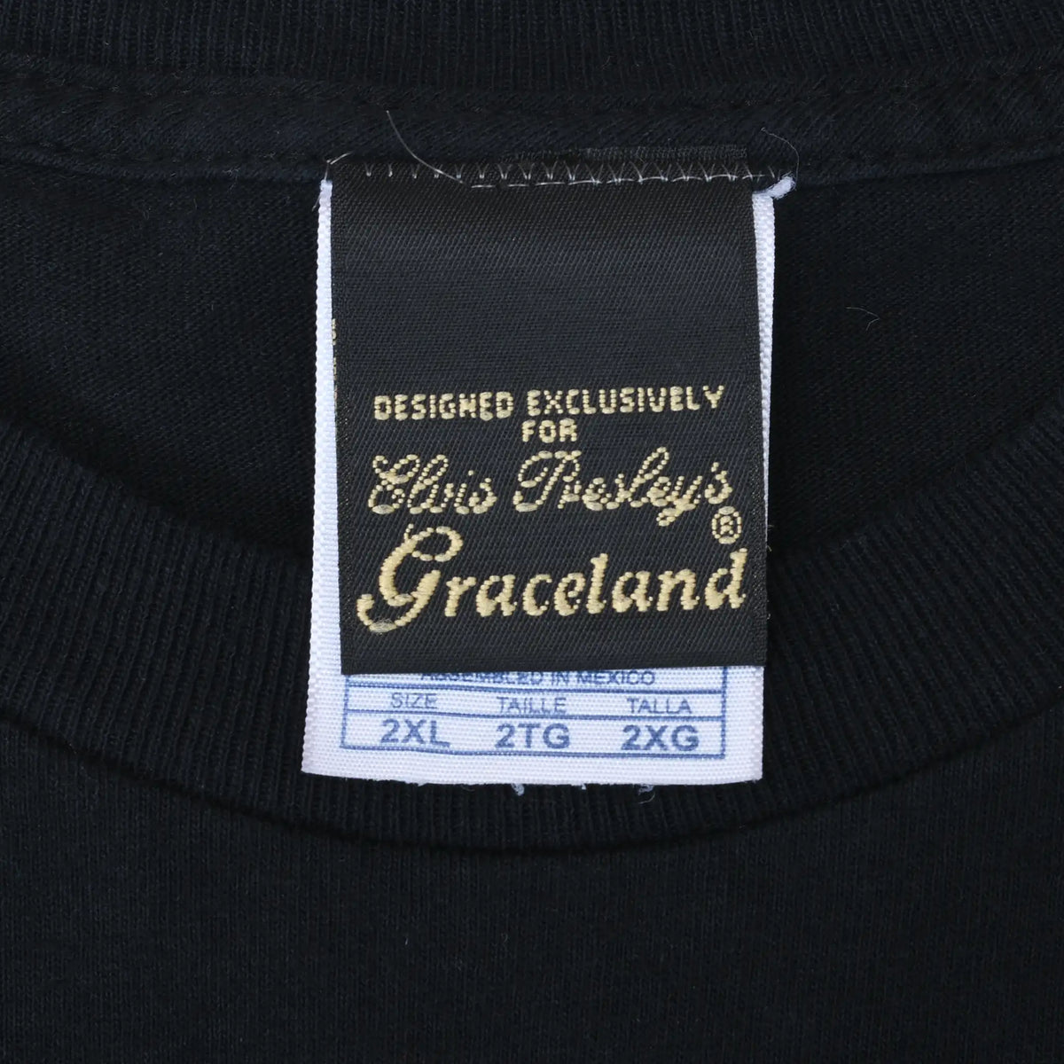 Elvis Presley's Graceland neck label marked size 2XL on black T-shirt