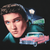 Close-up of Elvis Presley graphic with portrait, boulevard sign, streetlamp and pink Cadillac