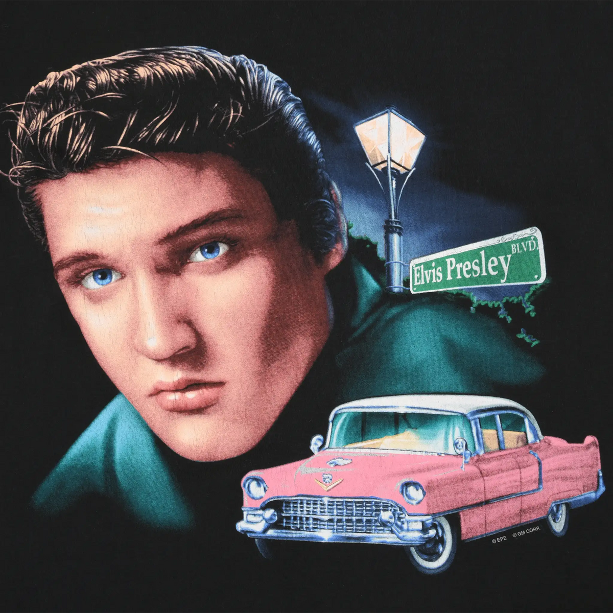 Close-up of Elvis Presley graphic with portrait, boulevard sign, streetlamp and pink Cadillac