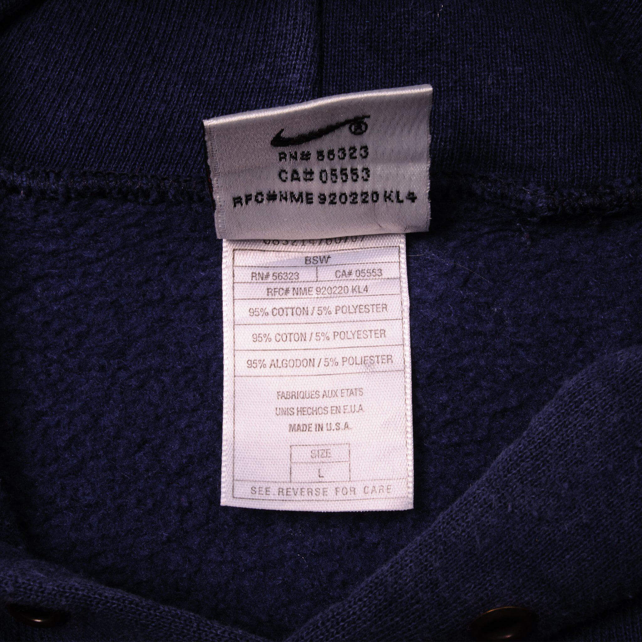 VINTAGE NIKE BLUE CENTER SWOOSH HOODIE SWEATSHIRT 1990S LARGE MADE IN USA