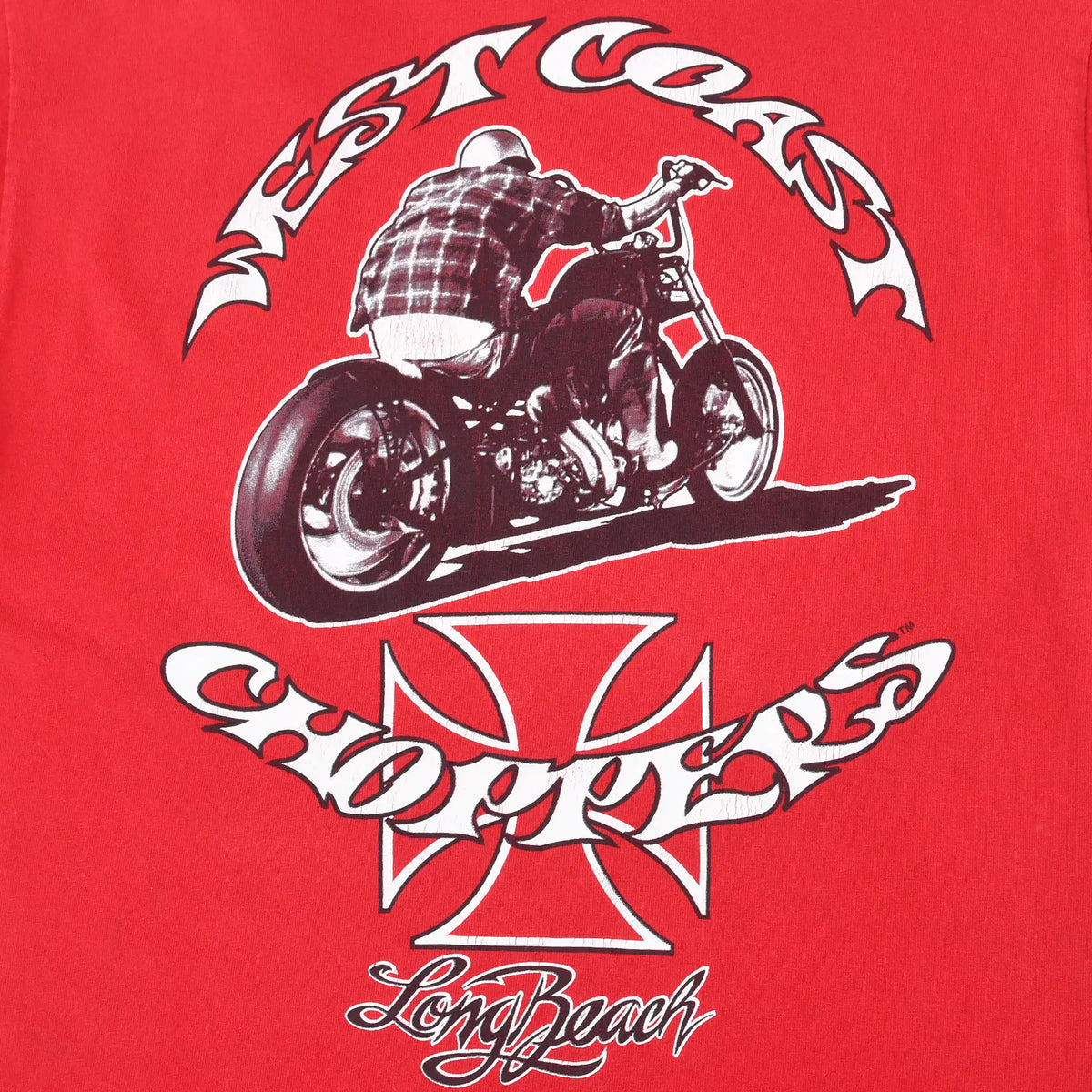 Close-up of back print with biker, motorcycle, West Coast Choppers cross, and Long Beach text