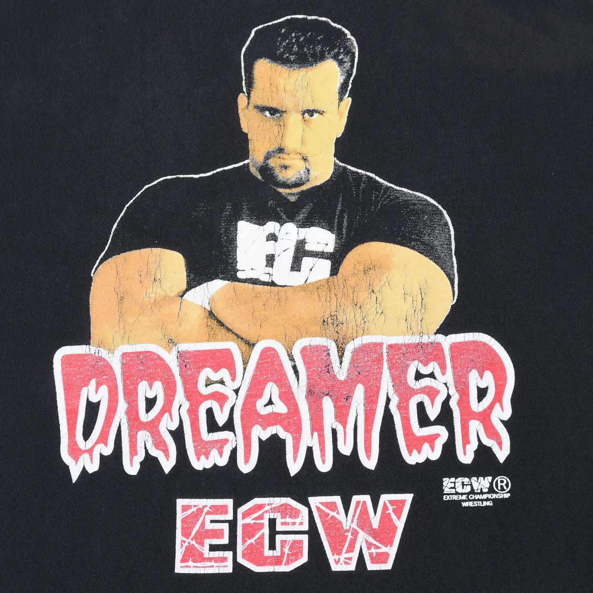 Close-up of Tommy Dreamer portrait and red and white Dreamer ECW front print