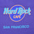 Close-up of colorful Hard Rock Cafe San Francisco front print on purple fabric