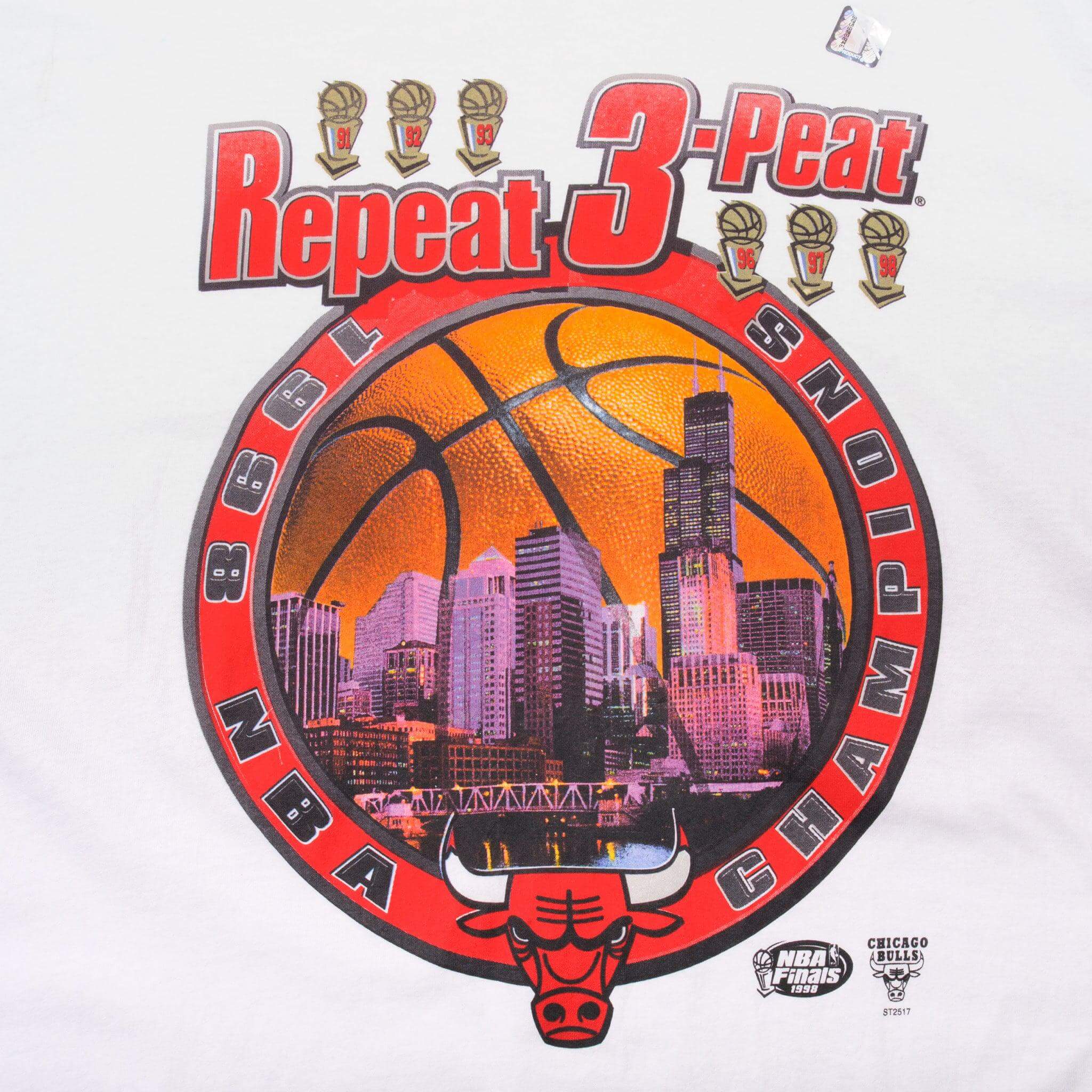 Vintage Dead Stock White NBA Chicago Bulls 1998 Champion Repeat 3-Peat Tee Shirt Size 2XLarge. Made In USA