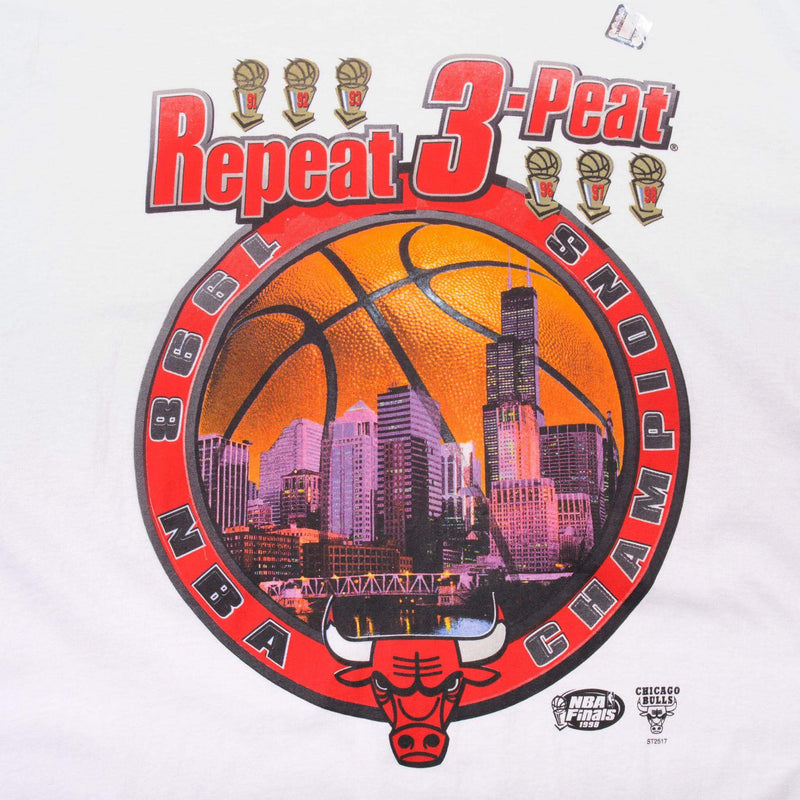 Vintage Dead Stock White NBA Chicago Bulls 1998 Champion Repeat 3-Peat Tee Shirt Size 2XLarge. Made In USA
