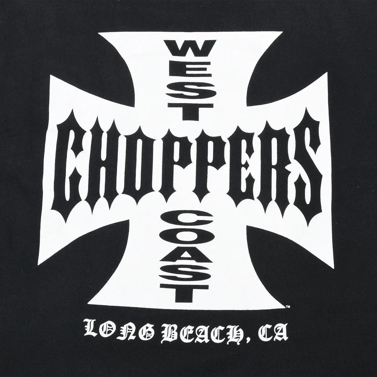 Close-up of white West Coast Choppers back graphic with Long Beach, CA text