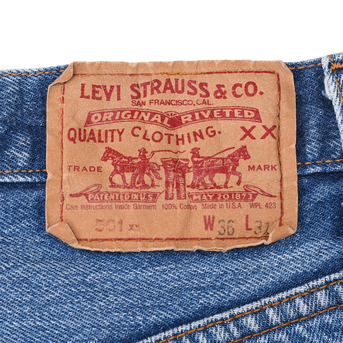 Close-up of Levi Strauss & Co. two-horse waistband patch marked W36 L31