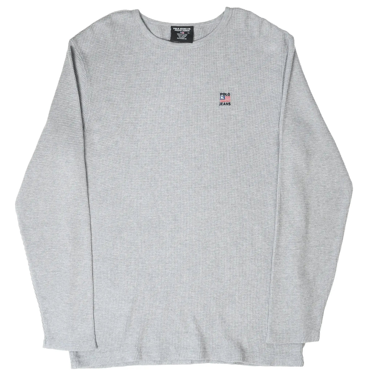 Full front view of grey Polo Jeans Co. Ralph Lauren waffle shirt with crew neck and long sleeves