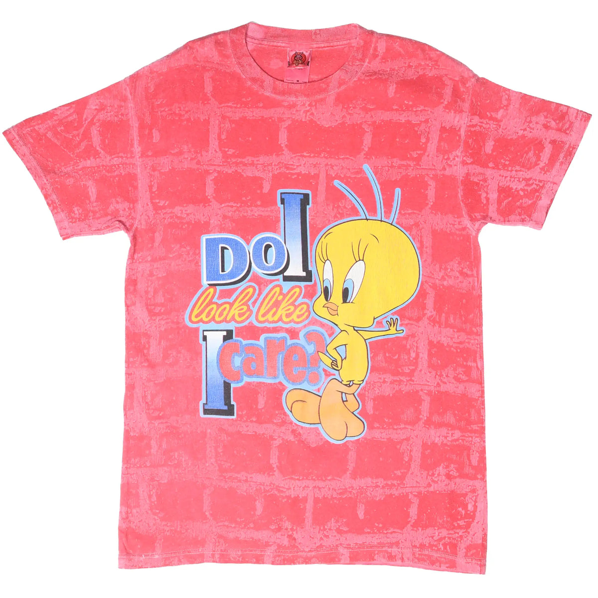 Full front view of pink Looney Tunes tee with Tweety and Do I Look Like I Care? print