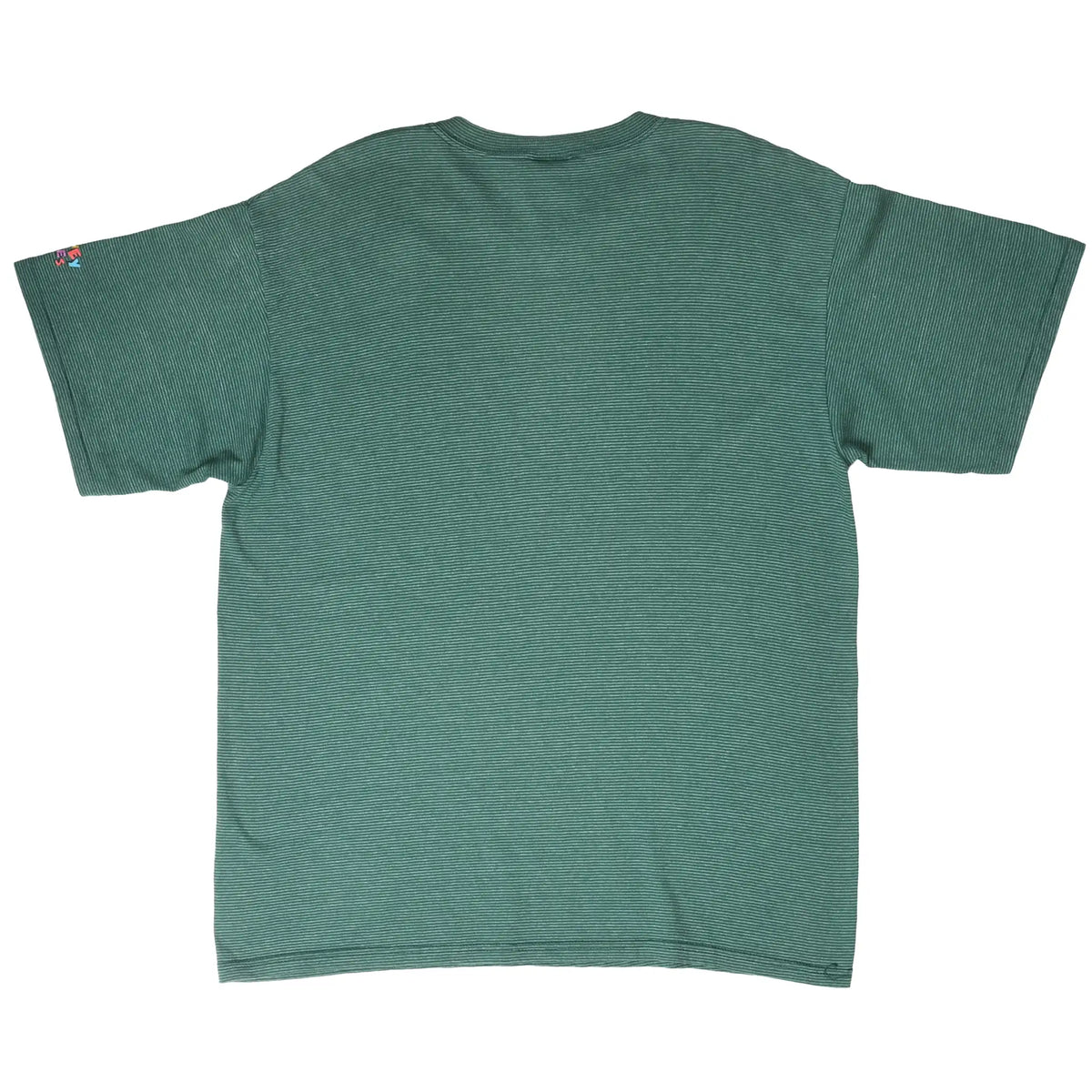 Back of green striped Looney Tunes T-shirt with small multicolor sleeve logo