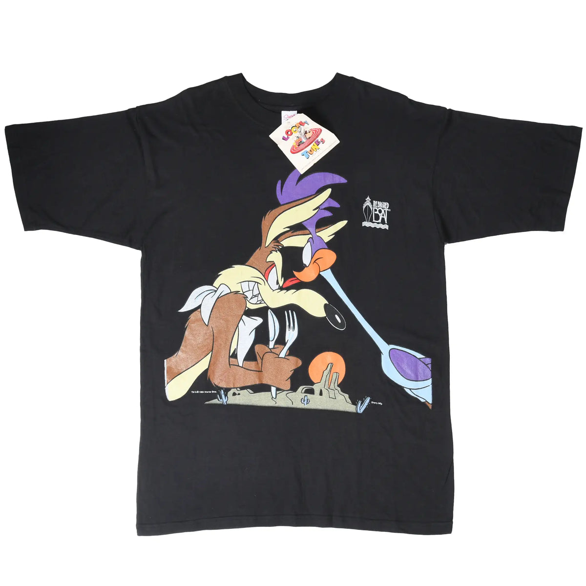 Full front view of black Looney Tunes T-shirt with Wile E. Coyote and Road Runner graphic