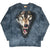 Full front view of grey tie-dye long-sleeve T-shirt with snarling wolf face print