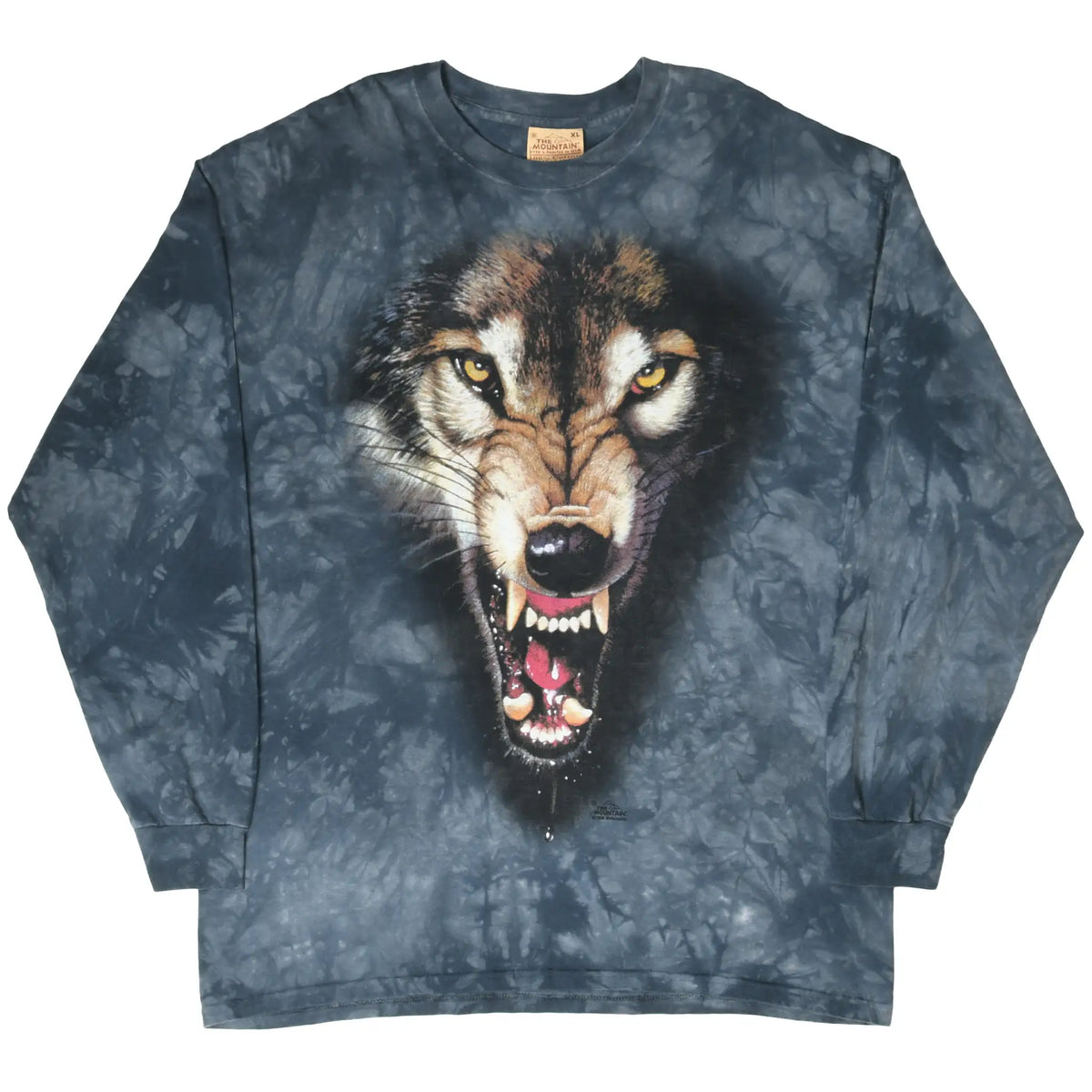 Full front view of grey tie-dye long-sleeve T-shirt with snarling wolf face print