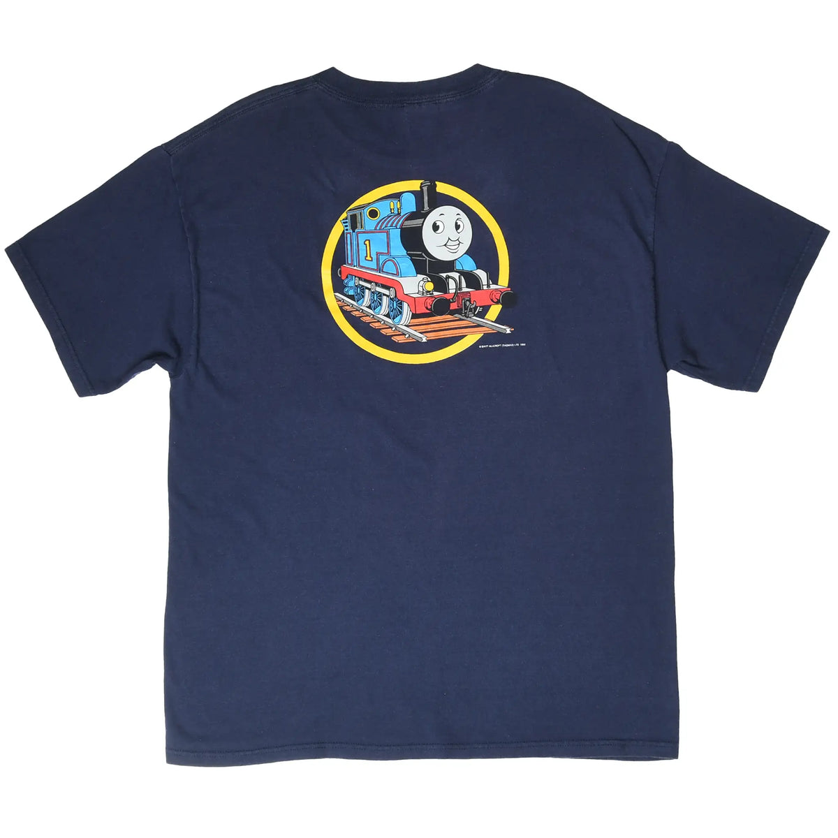 Back of navy Thomas the Tank Engine T-shirt with Thomas riding the rails in a yellow circle