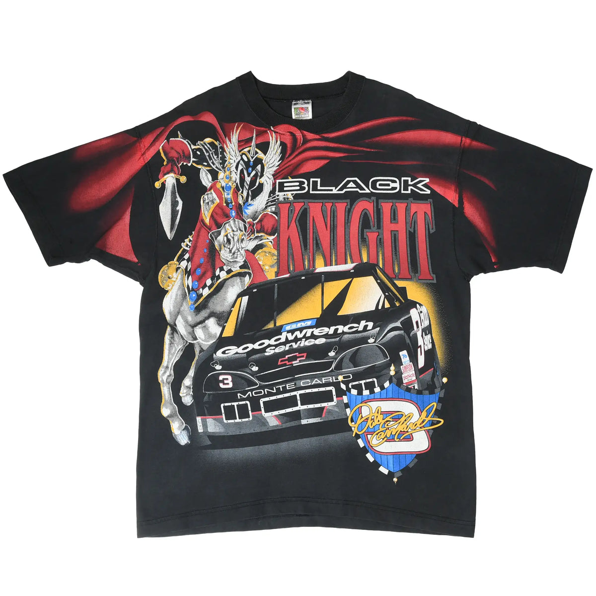 Full front view of black Dale Earnhardt Black Knight T-shirt with No. 3 Goodwrench race car