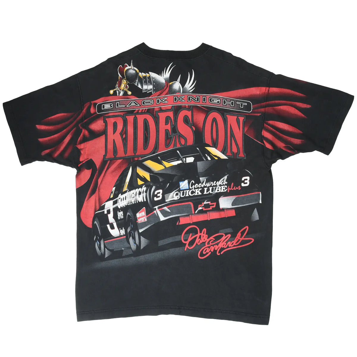 Back of black Dale Earnhardt T-shirt with Black Knight Rides On and No. 3 race car graphic