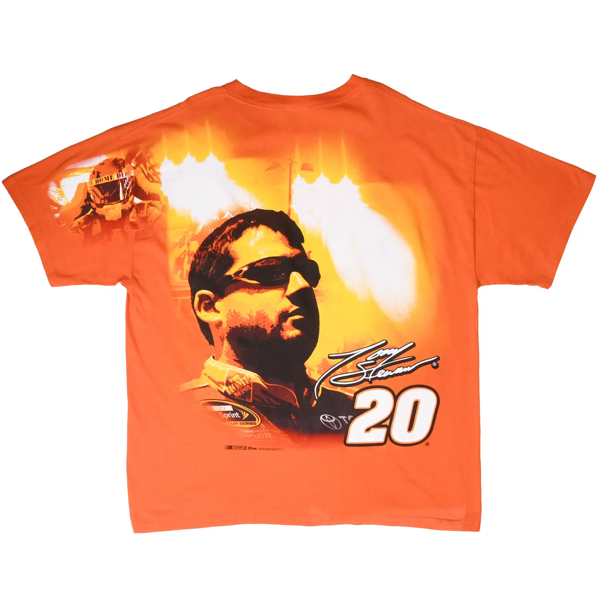 Back of orange Tony Stewart NASCAR T-shirt with driver portrait, signature and No. 20 graphic