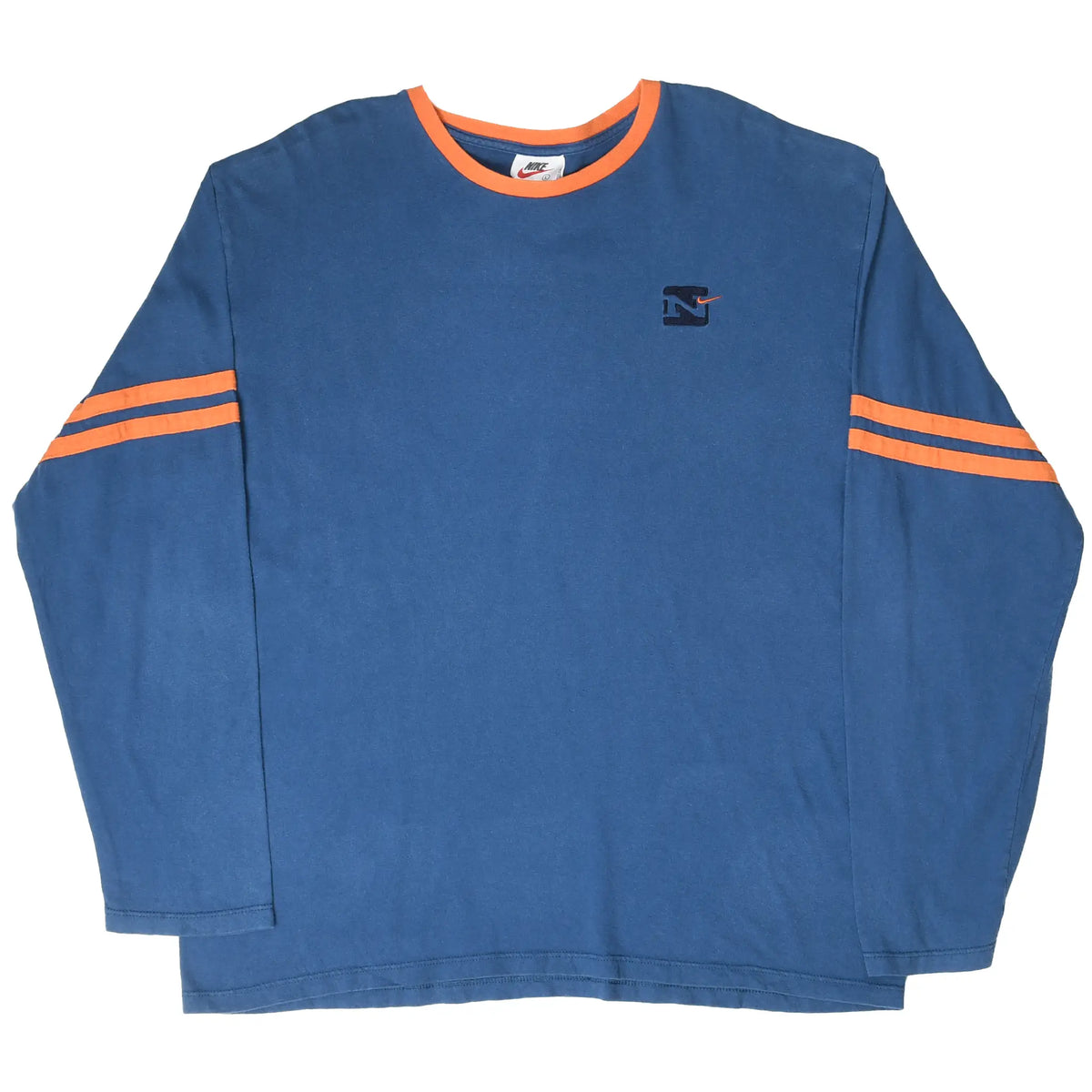 Full front view of blue Nike long-sleeve T-shirt with orange collar and double sleeve stripes