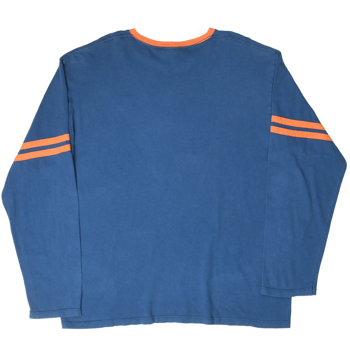 Back view of blue Nike long-sleeve T-shirt with orange collar trim and double sleeve stripes