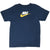 Front of navy Nike T-shirt with white spellout logo and yellow Swoosh graphic