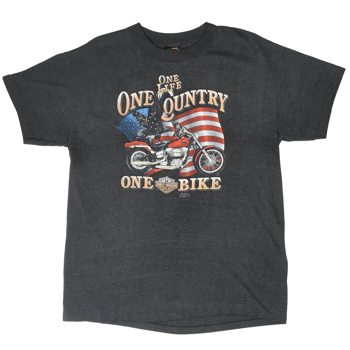 Full front view of charcoal Harley-Davidson T-shirt with motorcycle and American flag print