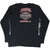 Back of black Harley-Davidson long-sleeve T-shirt with Woodstock, Illinois logo graphic