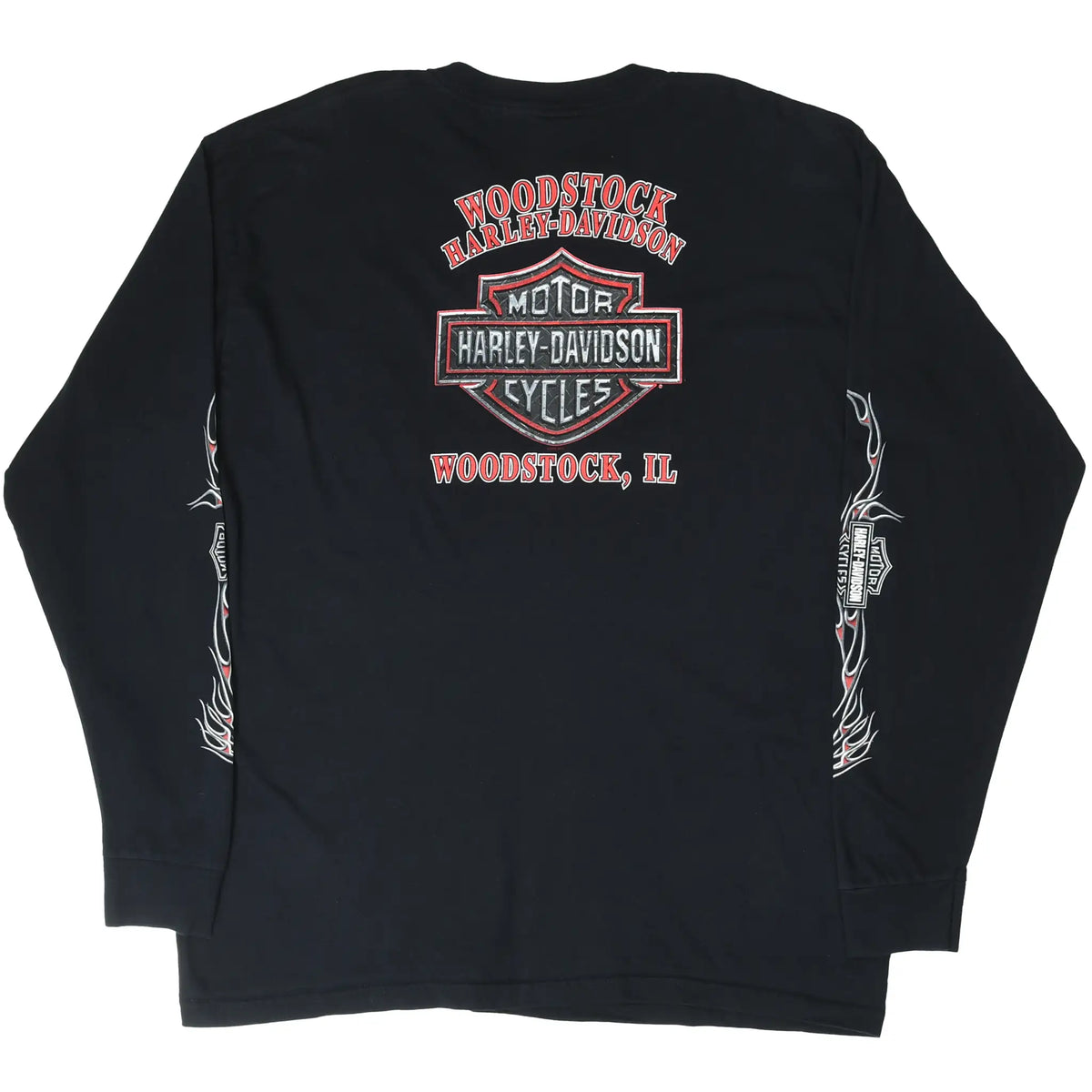 Back of black Harley-Davidson long-sleeve T-shirt with Woodstock, Illinois logo graphic