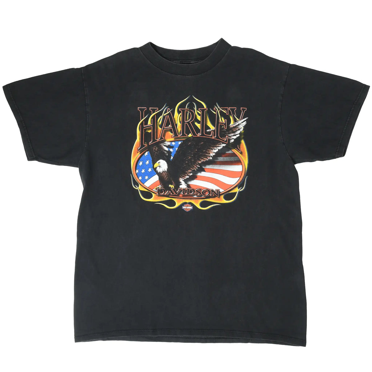 Front view of black Harley-Davidson T-shirt with eagle, American flag, and flames