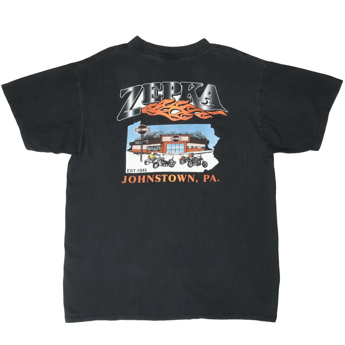 Back of black Harley-Davidson T-shirt with Zepka dealership and Johnstown, PA graphic