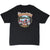 Back of black Harley-Davidson tee with red motorcycle, tropical beach, and Honolulu Hawaii print
