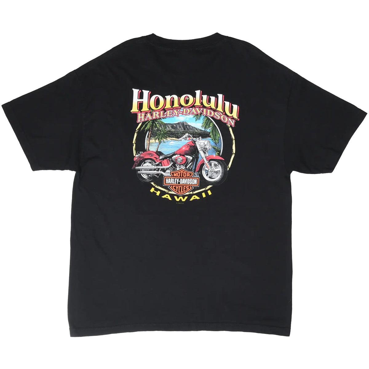 Back of black Harley-Davidson tee with red motorcycle, tropical beach, and Honolulu Hawaii print