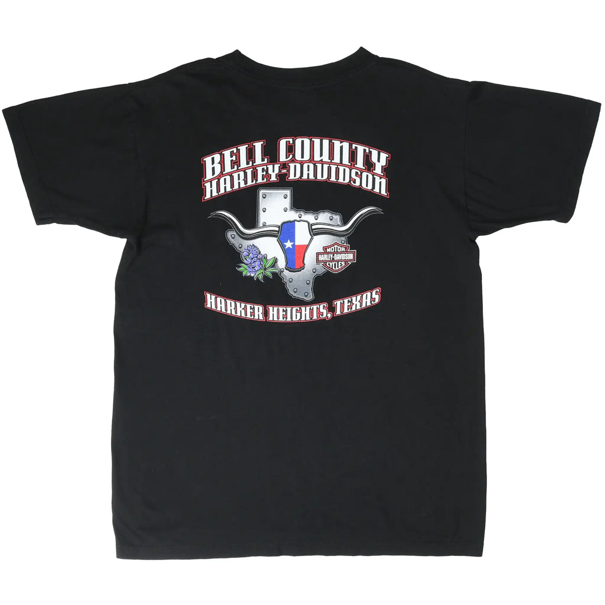 Back of black Bell County Harley-Davidson T-shirt with Texas graphic and Harker Heights text