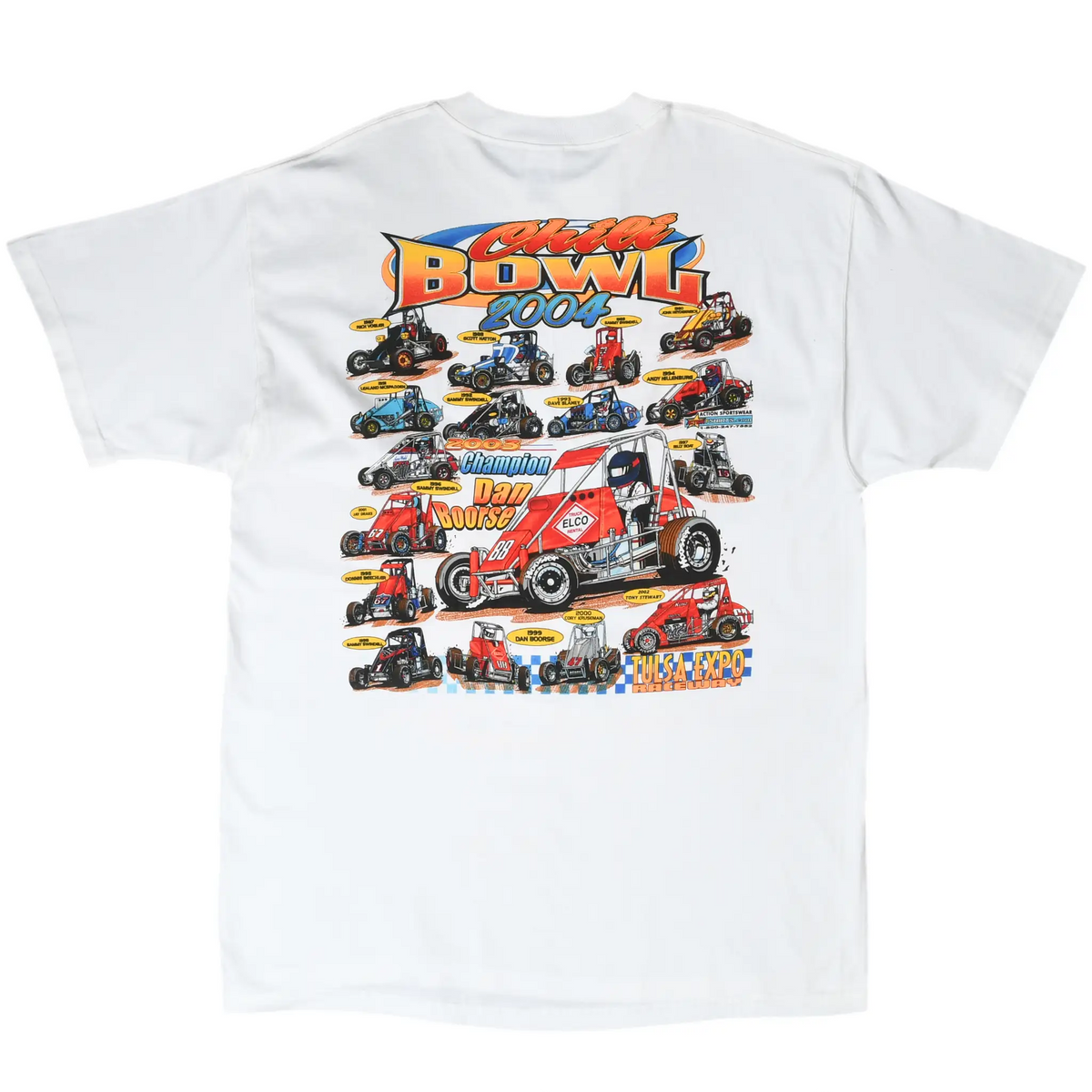 Back of white Chili Bowl 2004 T-shirt with illustrated race cars, drivers and Tulsa Expo Raceway text