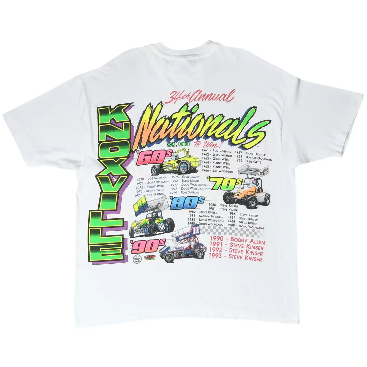 Back of white Knoxville Nationals T-shirt with sprint cars, winners list, and decade graphics