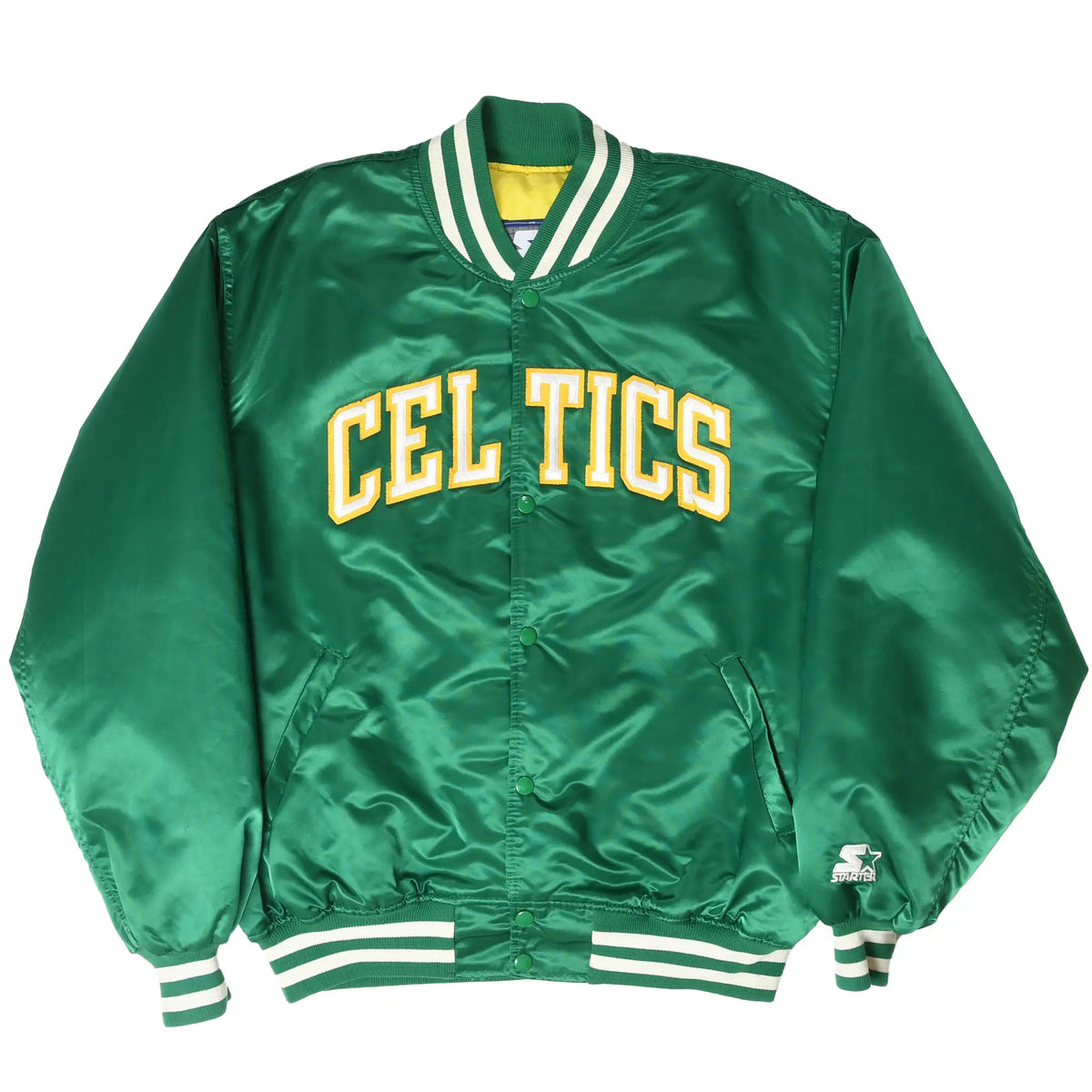 Full front of green Boston Celtics Starter satin jacket with striped trim