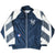 Front view of navy New York Yankees windbreaker with white shoulders and patterned striped sleeves