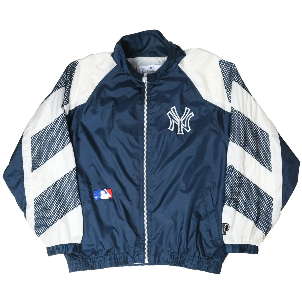 Front view of navy New York Yankees windbreaker with white shoulders and patterned striped sleeves