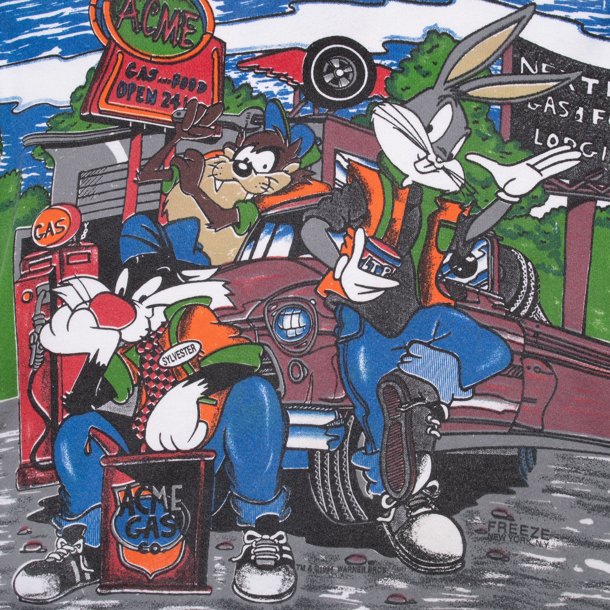 Vintage Looney Tunes Acme Gas All Over Print Sweatshirt 1994 Size Large Made In USA