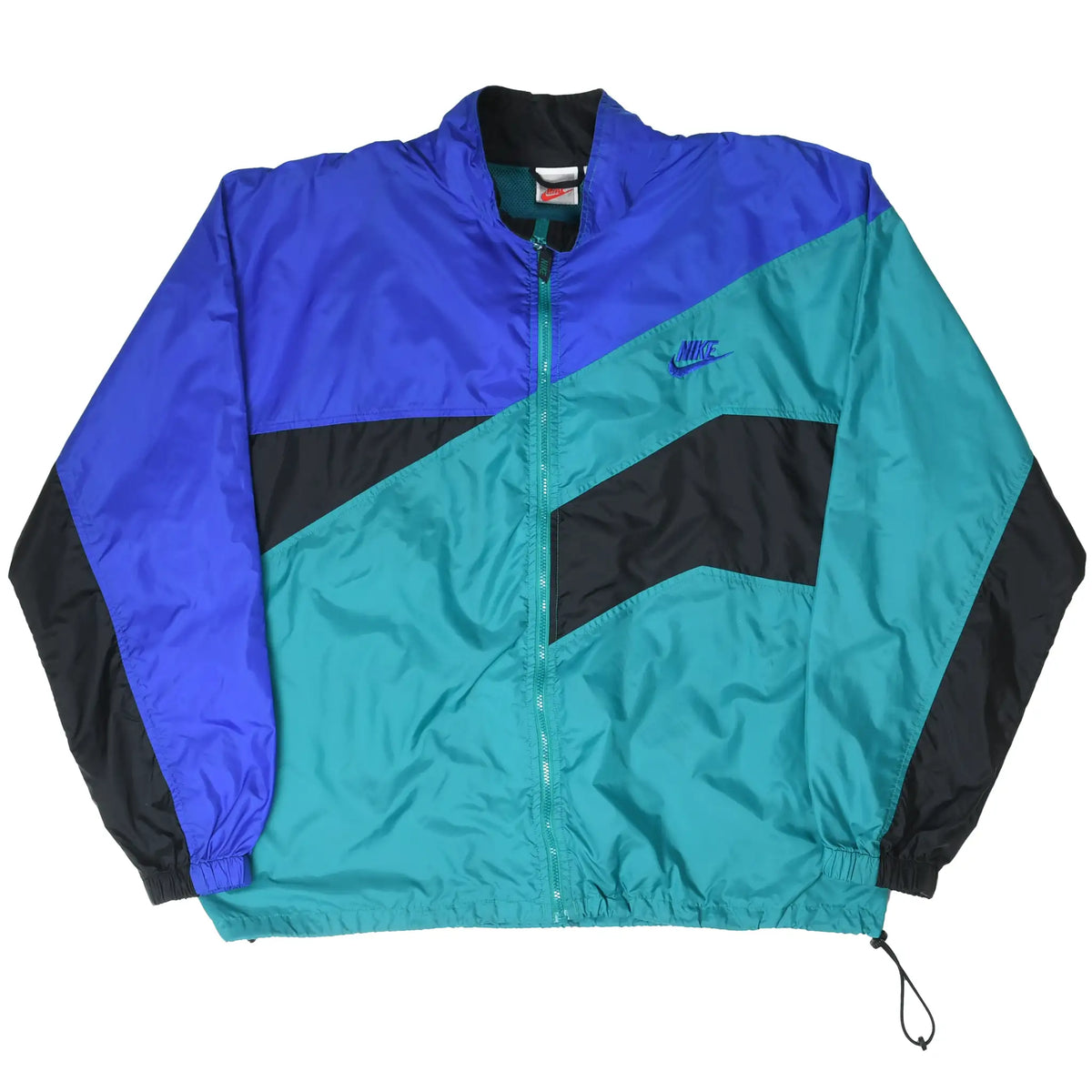 Full front view of teal, blue and black Nike zip-up windbreaker jacket