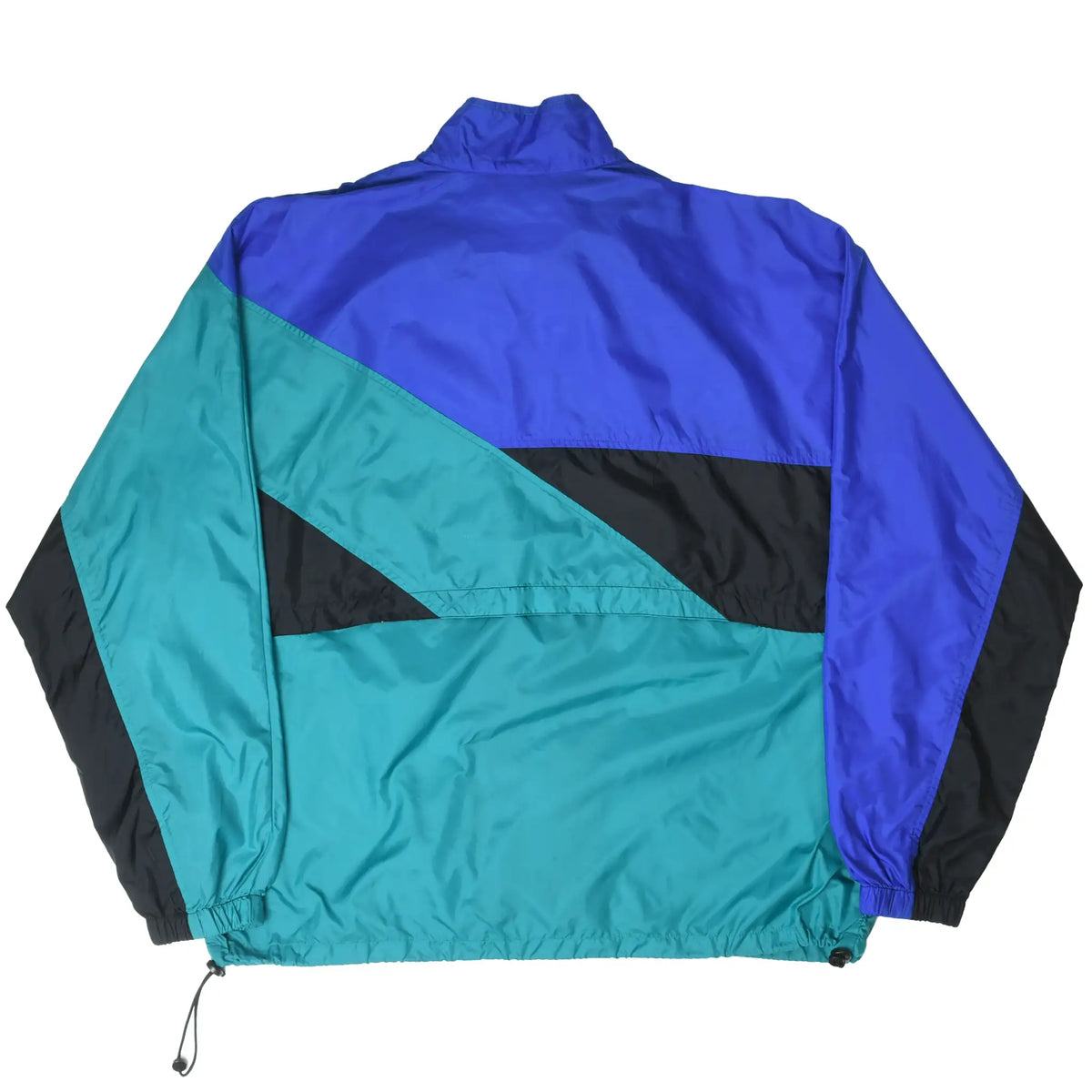 Back of Nike windbreaker jacket with teal, blue and black geometric color blocking