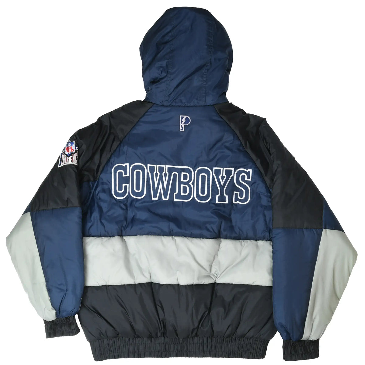 Back of Dallas Cowboys hooded jacket with large COWBOYS lettering and NFL Experience sleeve patch